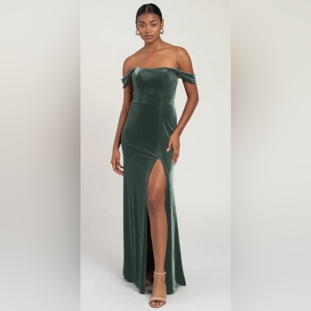 BHLDN Jenny Yoo Issa- Velvet off the shoulder Dress in Dark Eucalyptus- Size 22